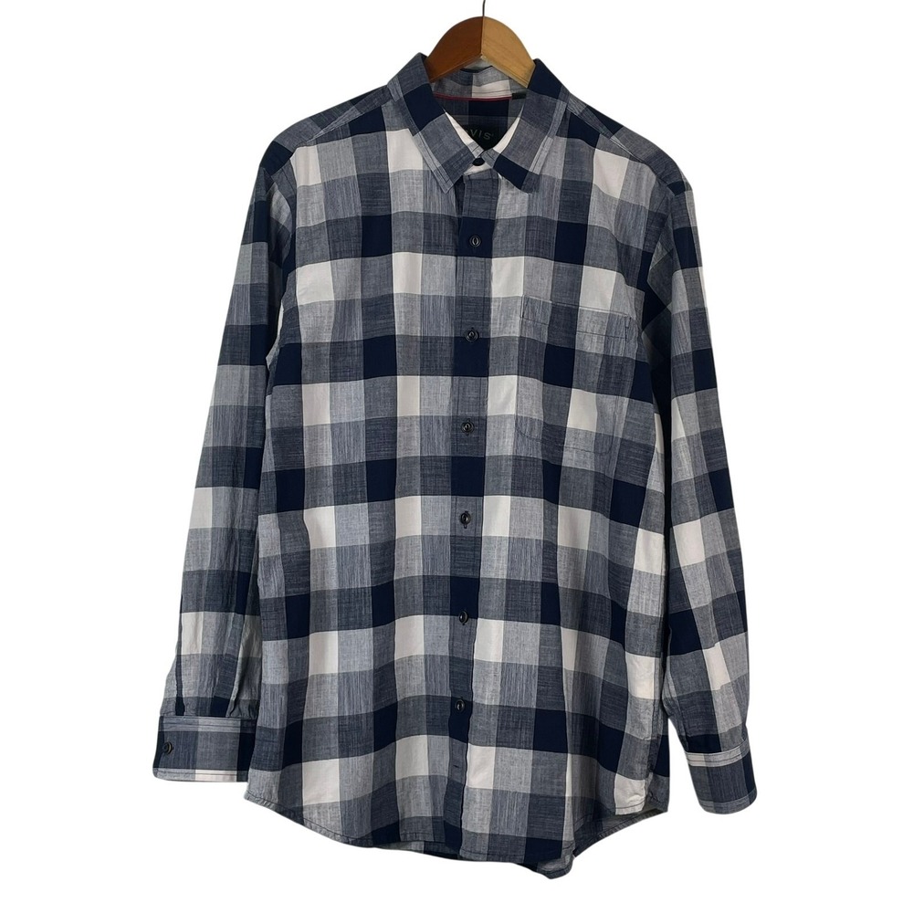 Orvis Men's Navy Blue Plaid Button Down Shirt Size Large 100% Cotton Long Sleeve